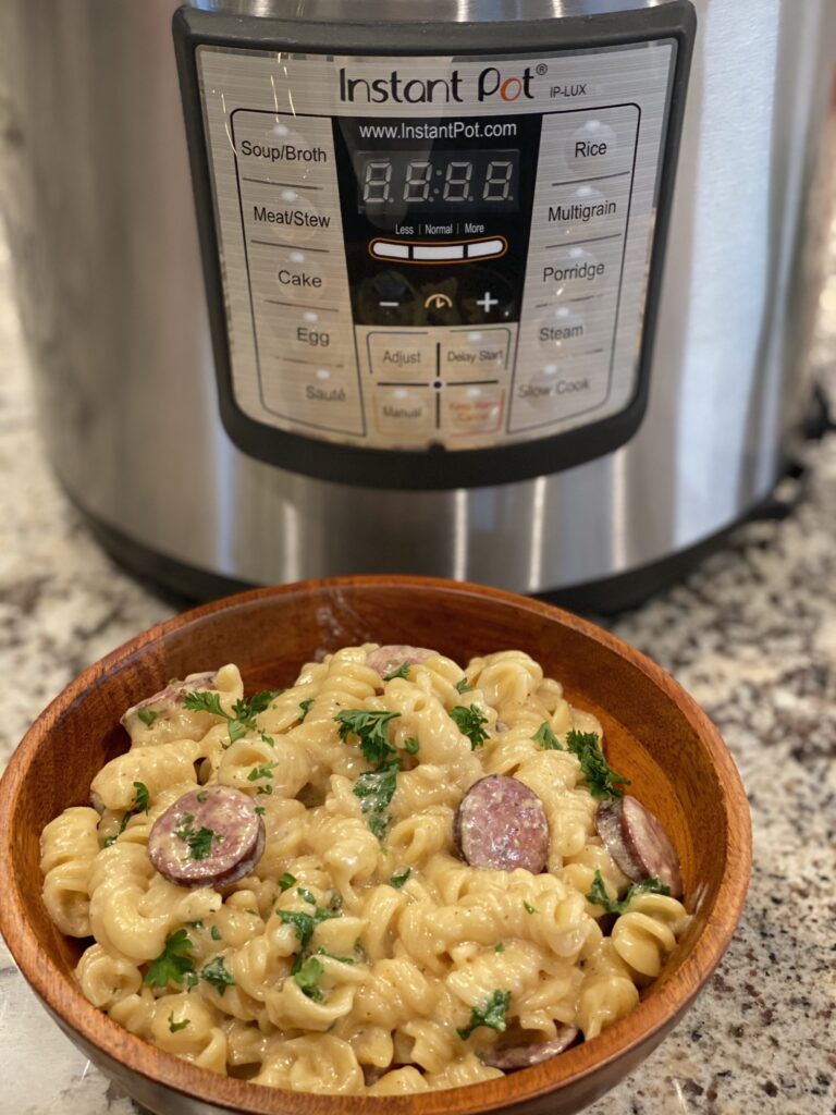 tender pasta cooked with cajun seasoning and smoked sausage in the instant pot