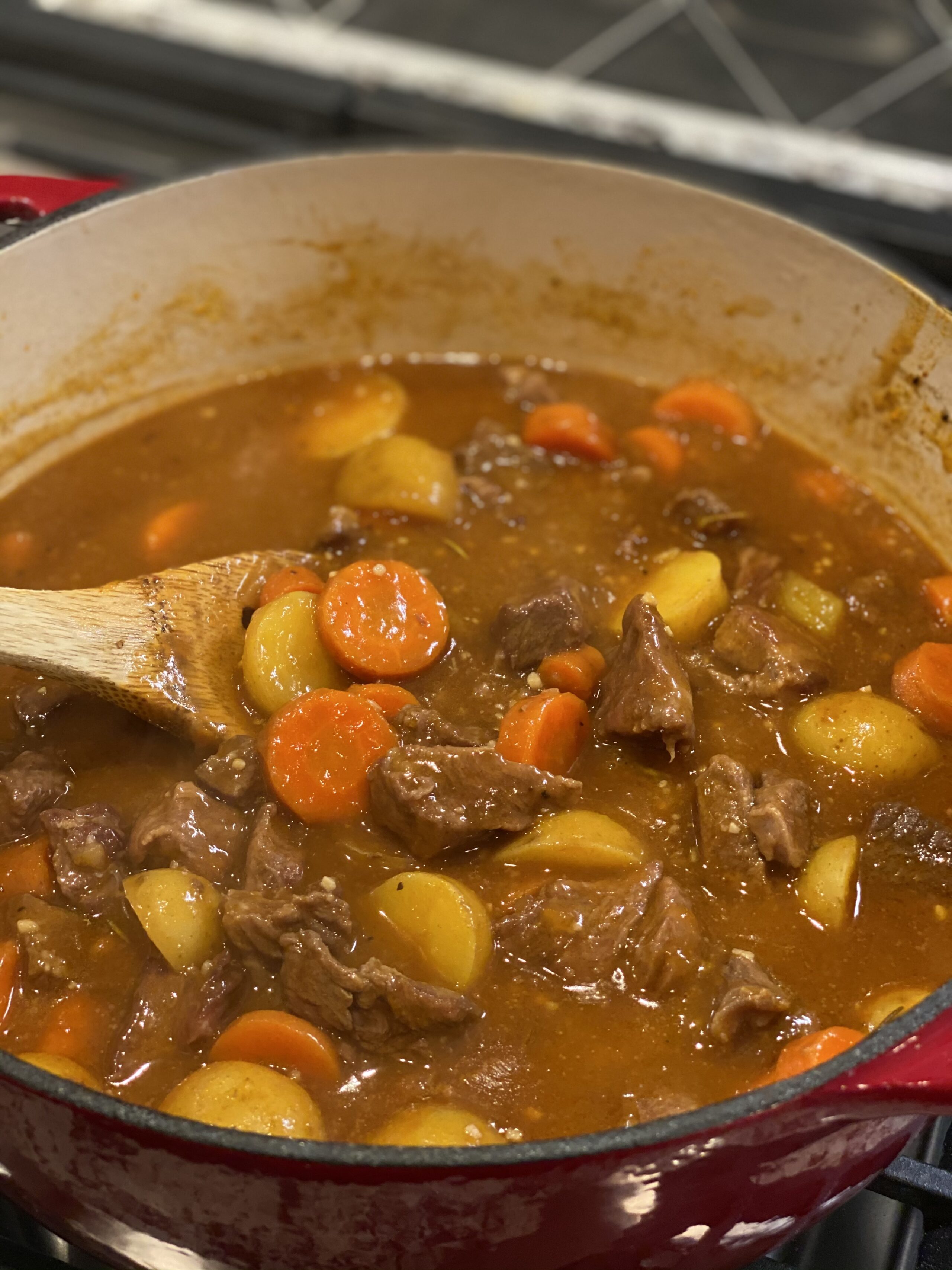 beef stew in a Dutch oven.