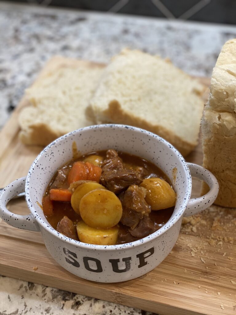 hearty beef stew packed with potato chunks, beef, carrots, and broth