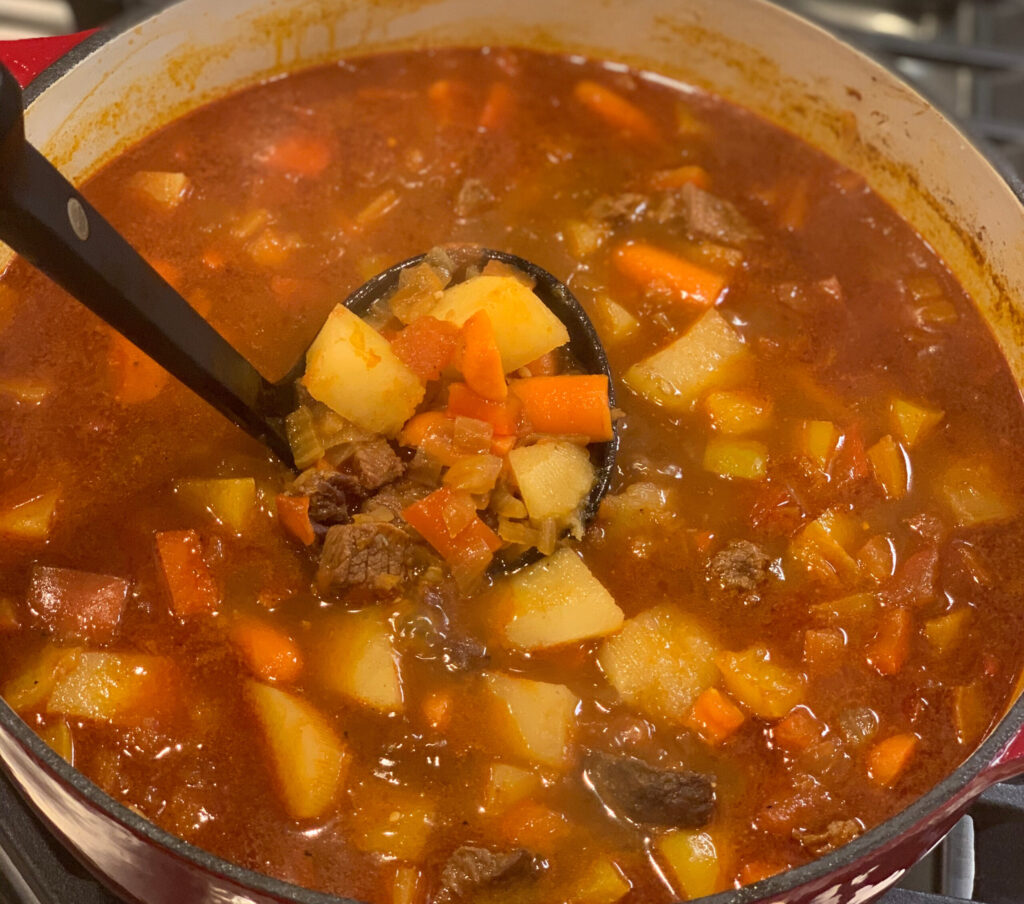 easy beef goulash cooked in a Dutch oven