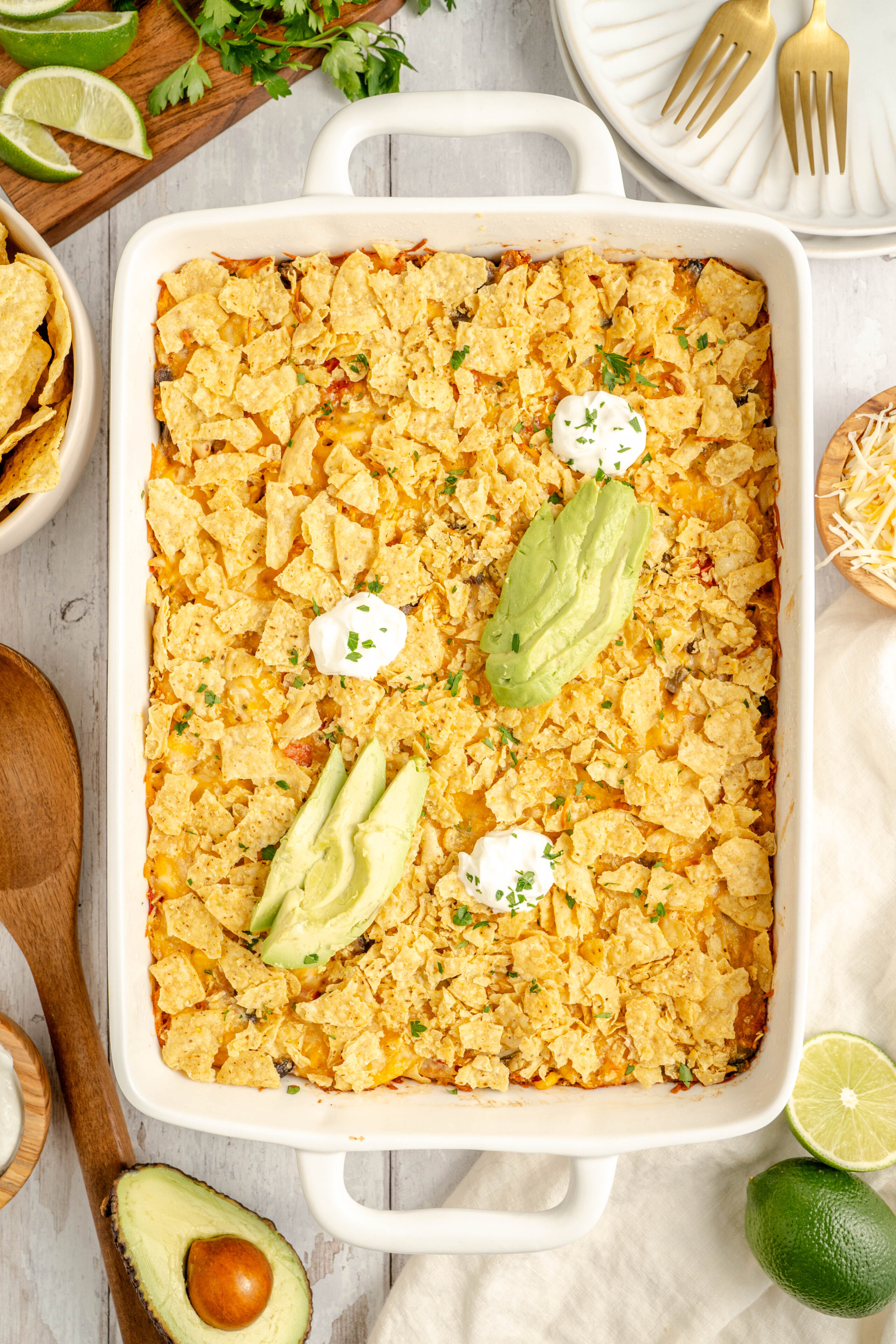 crushed tortilla chips on top of a Mexican Chicken Casserole.