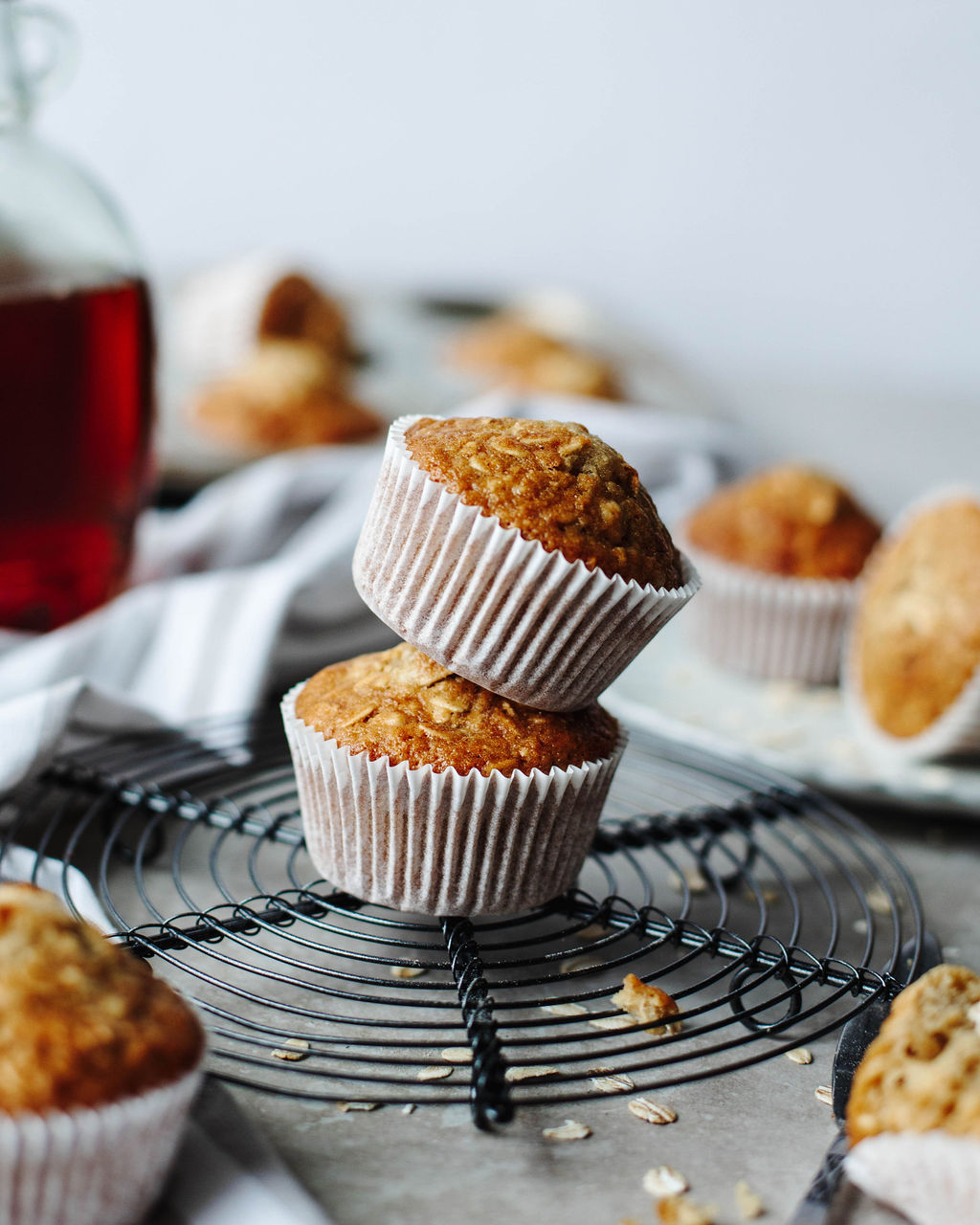 a stack of maple sugar oat muffins.