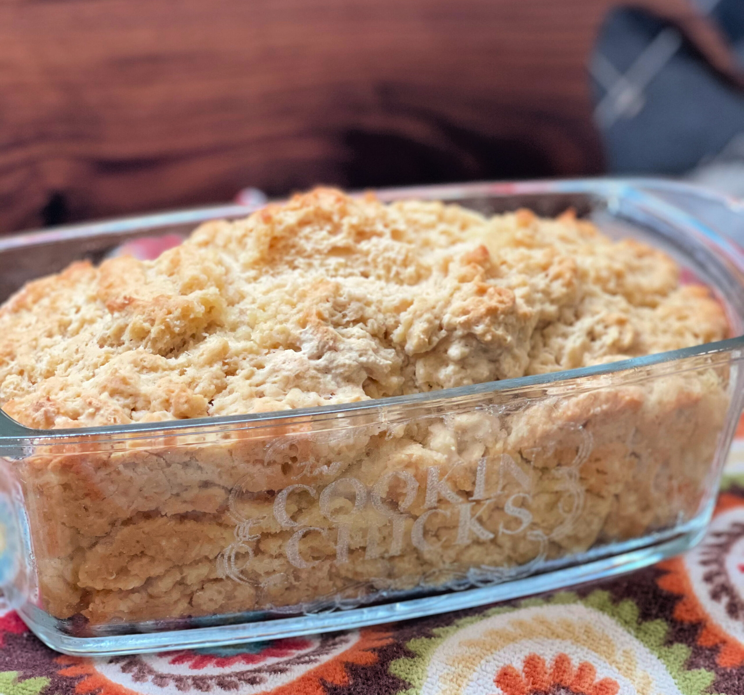 beer bread in a glass pan.