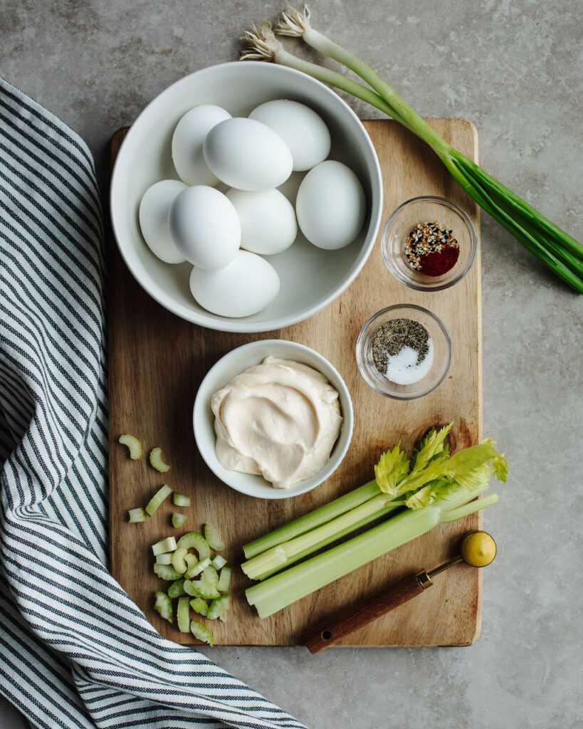 all the ingredients needed to make egg salad.