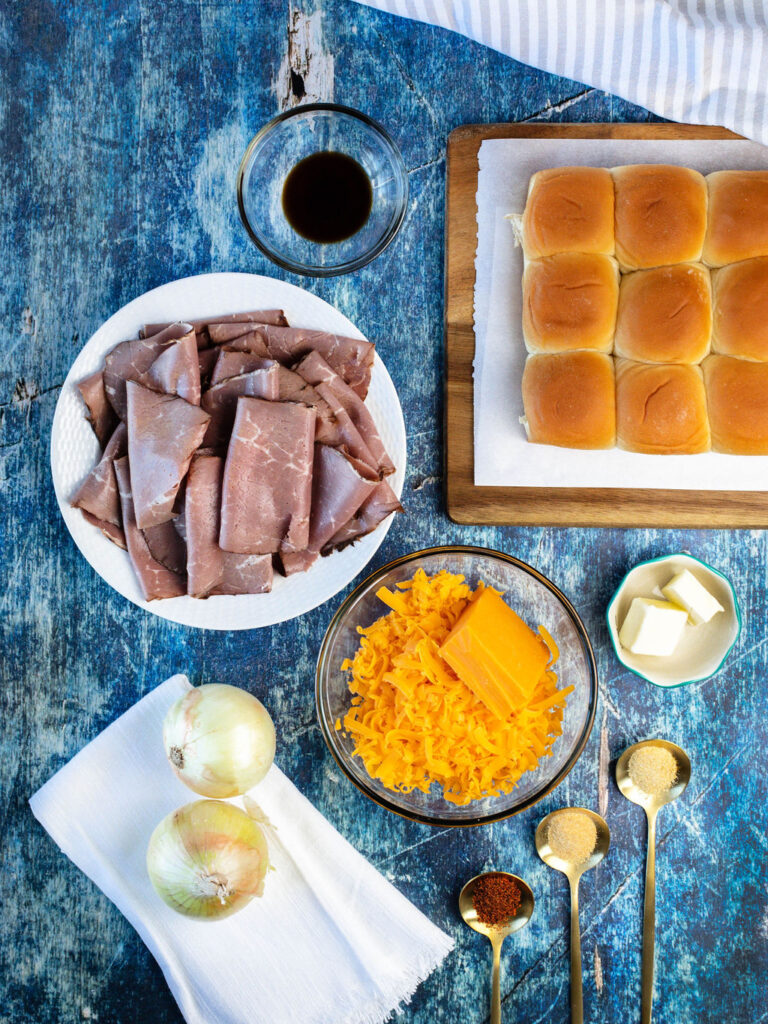 all the ingredients needed to make French Dip sliders for a crowd.