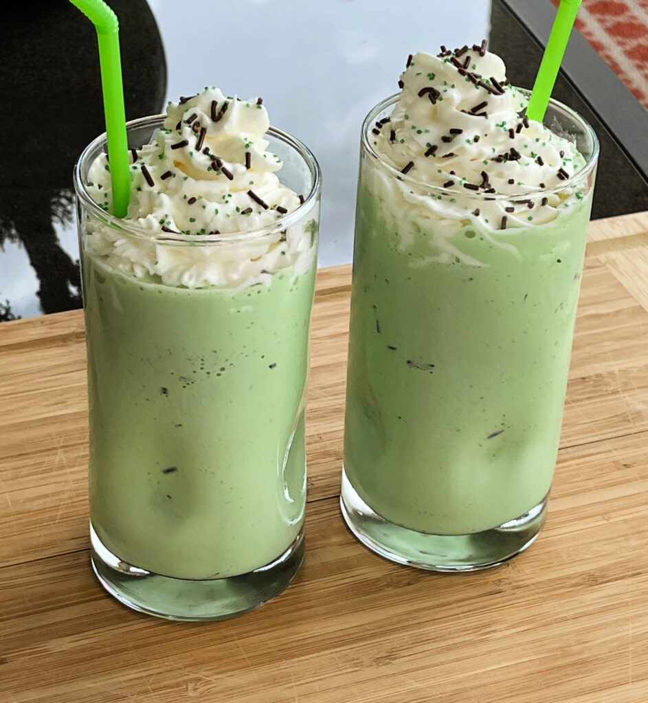 Bailey's, ice-cream, mint extract, and green coloring combined into a tasty St Patrick's Day milkshake for adults