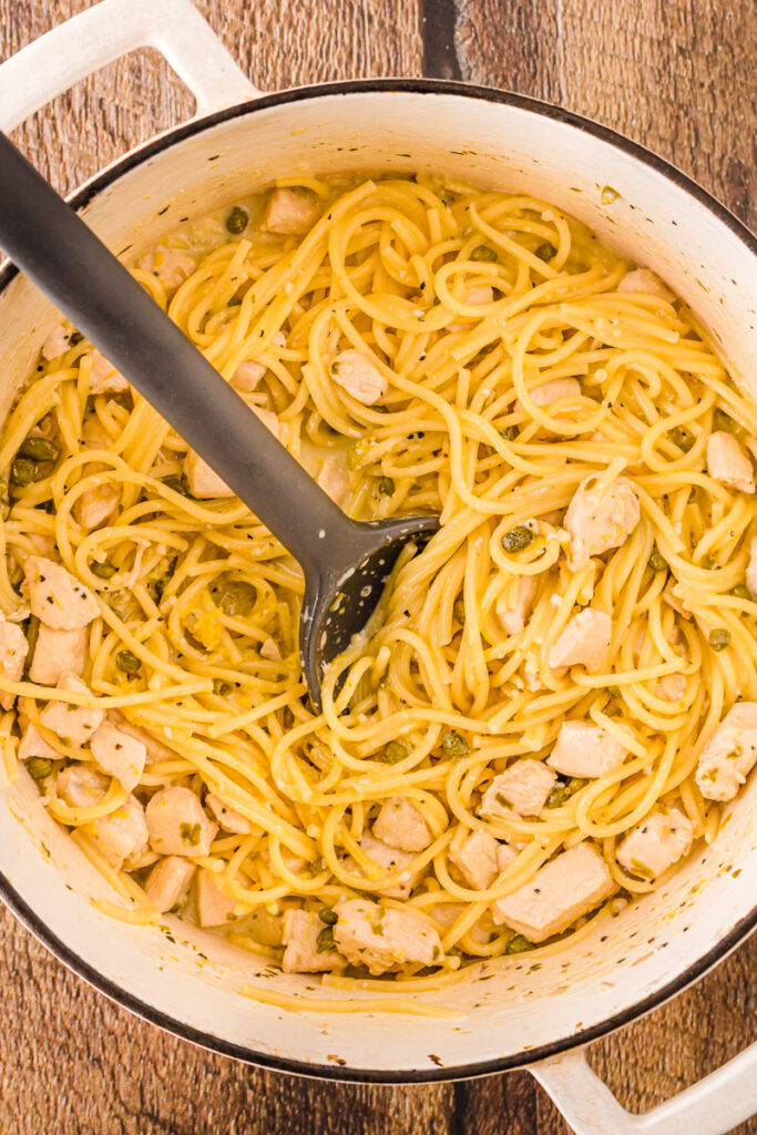 chicken and pasta combined in a lemon sauce