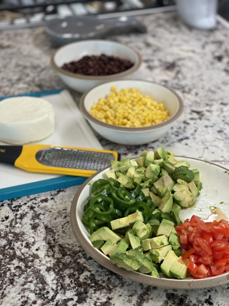 chopped toppings for the steak burrito bowls