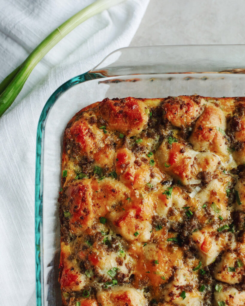 an up close look at a casserole ready to serve any time of the day.