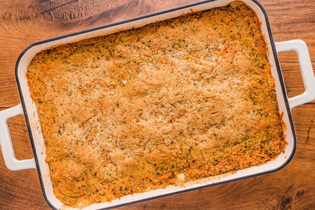 chicken spaghetti bake straight from the oven.