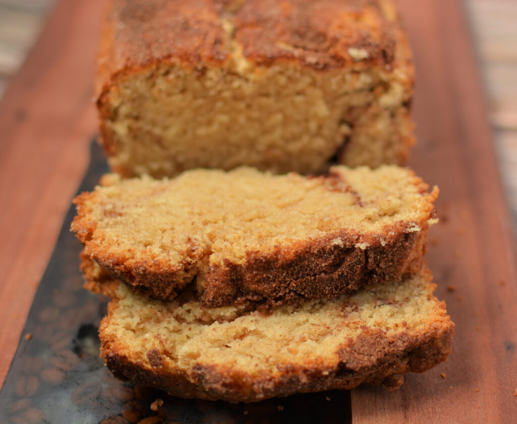 an up close look at cinnamon sugar coated quick bread.