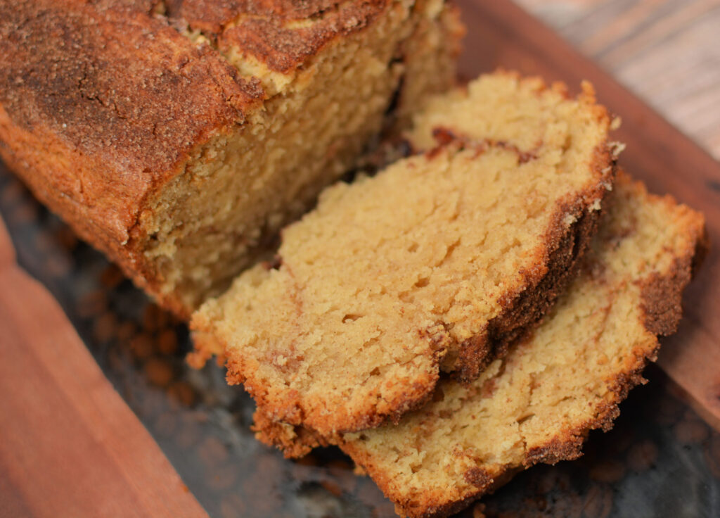 a loaf of cinnamon sugar coated loaf ready to enjoy.