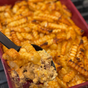 cheeseburger and french fries in casserole form