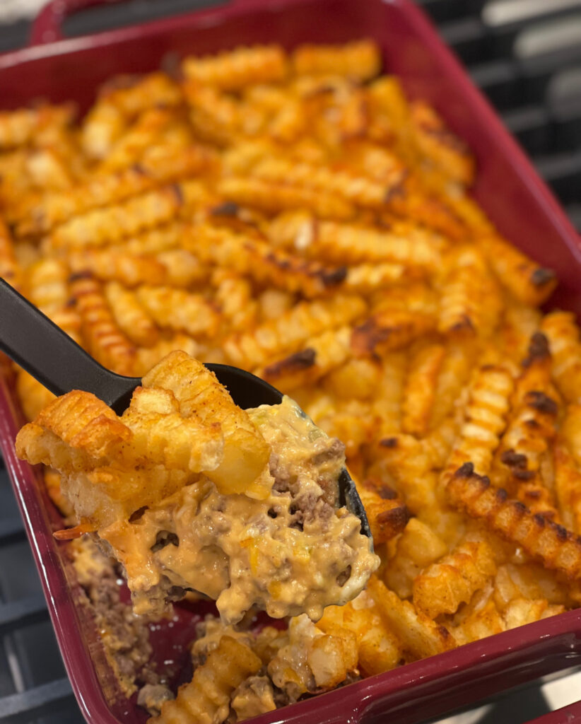 cheeseburger and french fries in casserole form