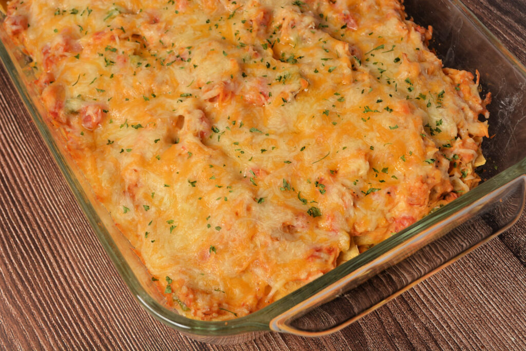 a creamy Tex Mex casserole that is layered