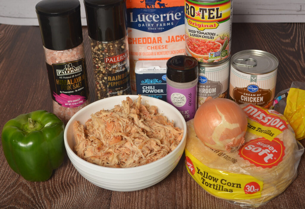 all the ingredients needed to make a chicken tex mex dish