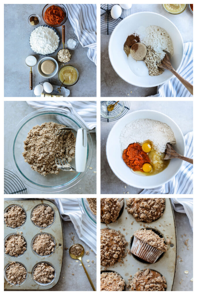 step by step on how to make pumpkin streusel muffins.