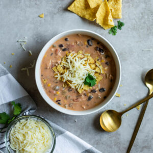 a bowl of Tex Mex soup served in a white bowl with toppings.