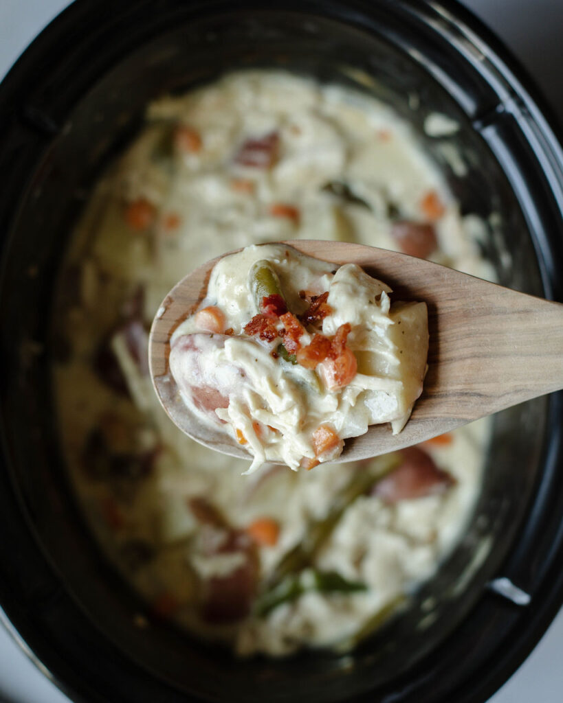 creamy chicken stew in a crockpot.