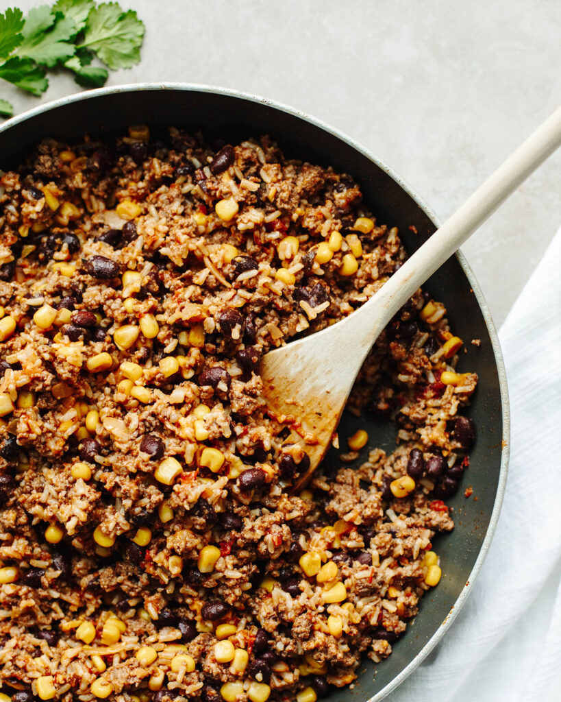 a ground beef taco mixture cooked in a skillet.