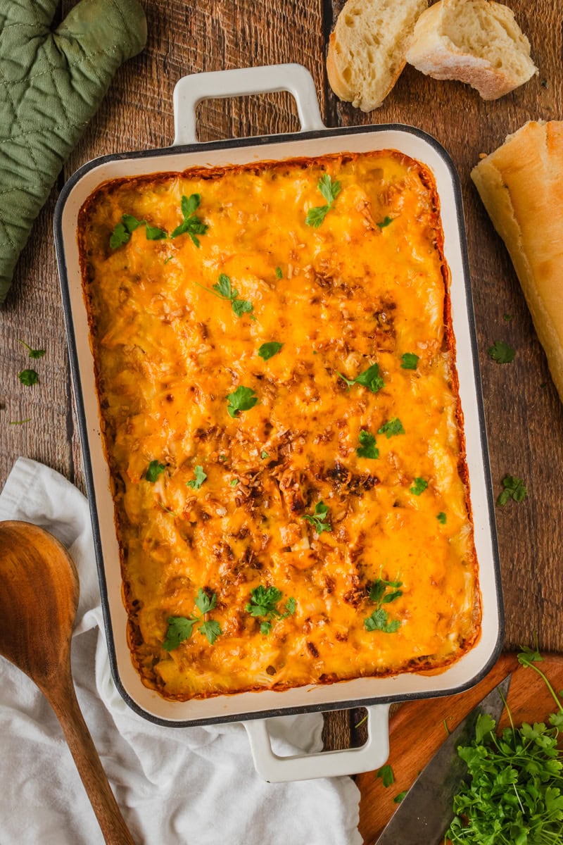 Cheesy chicken casserole baked in the oven and ready to serve.