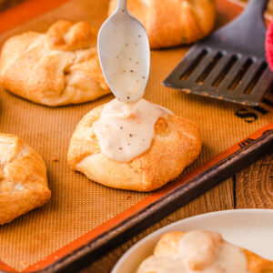 homemade chicken gravy served over creamy chicken bundles