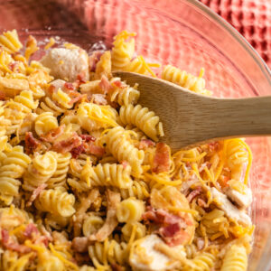 diced chicken, tender pasta noodles, crumbled bacon, and ranch dressing combined into a pasta salad