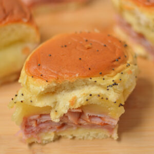 an up close view of a baked funeral sandwich