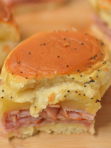 an up close view of a baked funeral sandwich