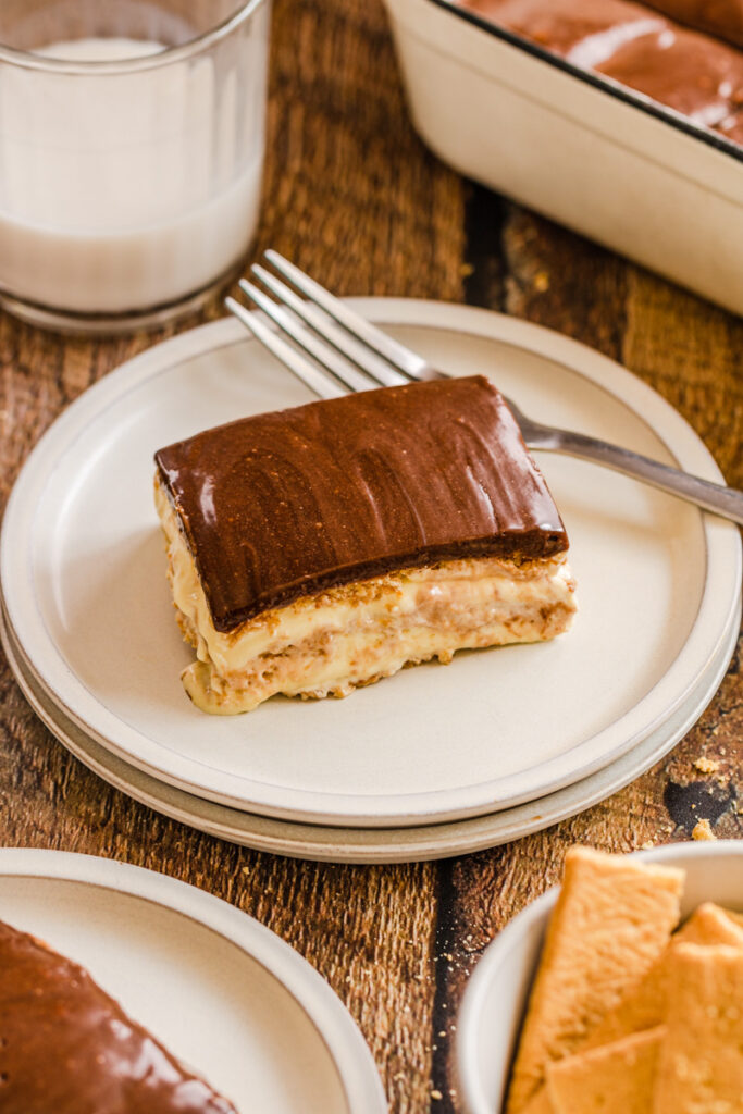 a slice of eclair cake served on a plate