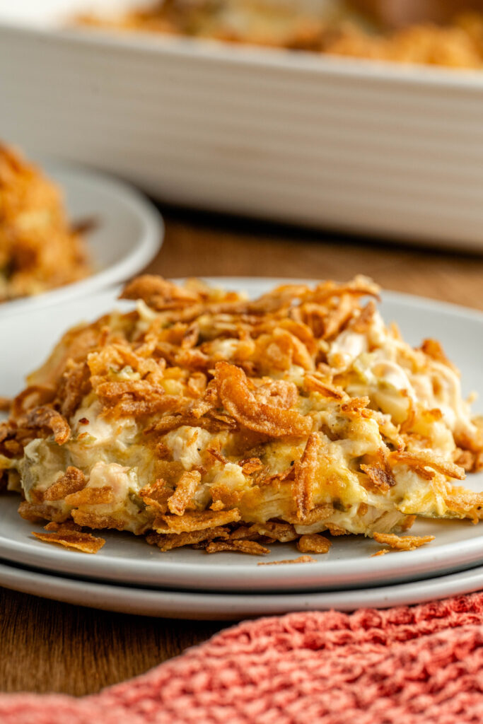 Chicken Casserole topped with crispy French fried onions.