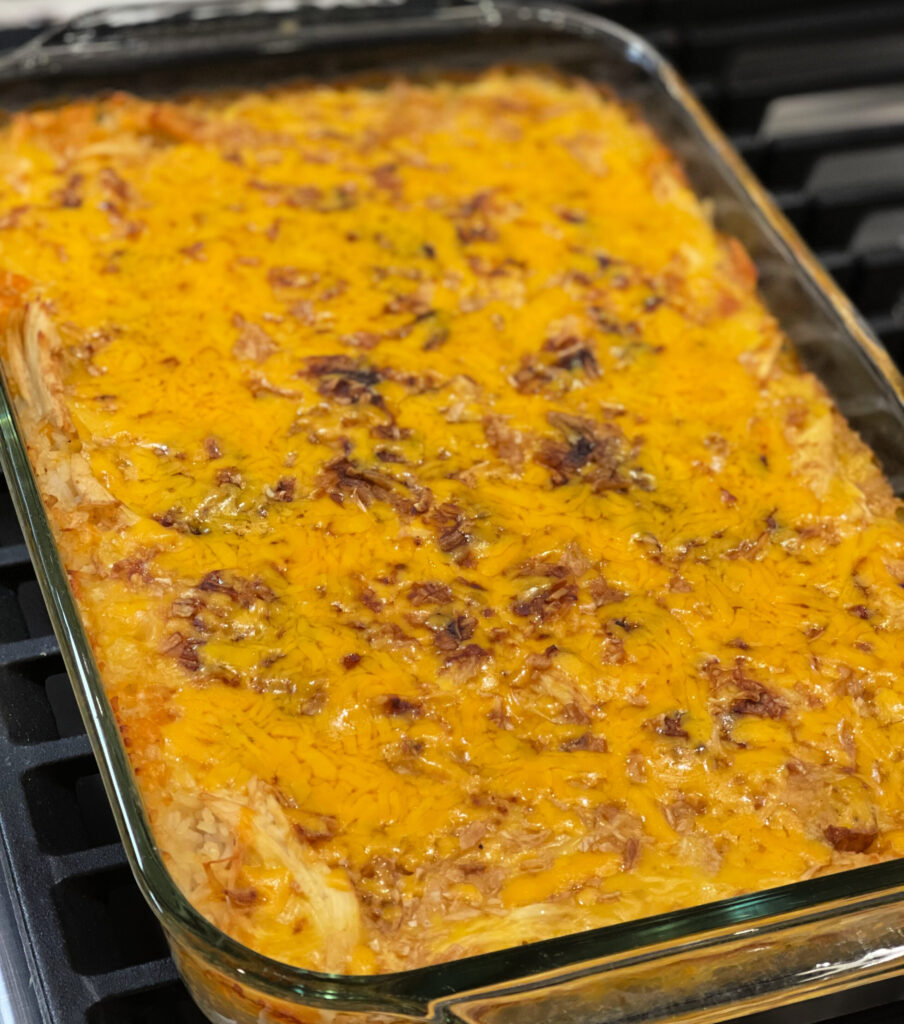 a one pan meal of cheesy chicken and rice