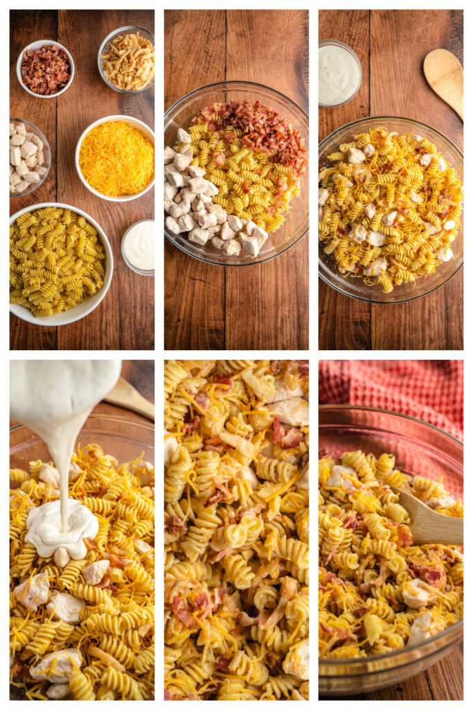 step by step on how to make chicken bacon ranch pasta salad