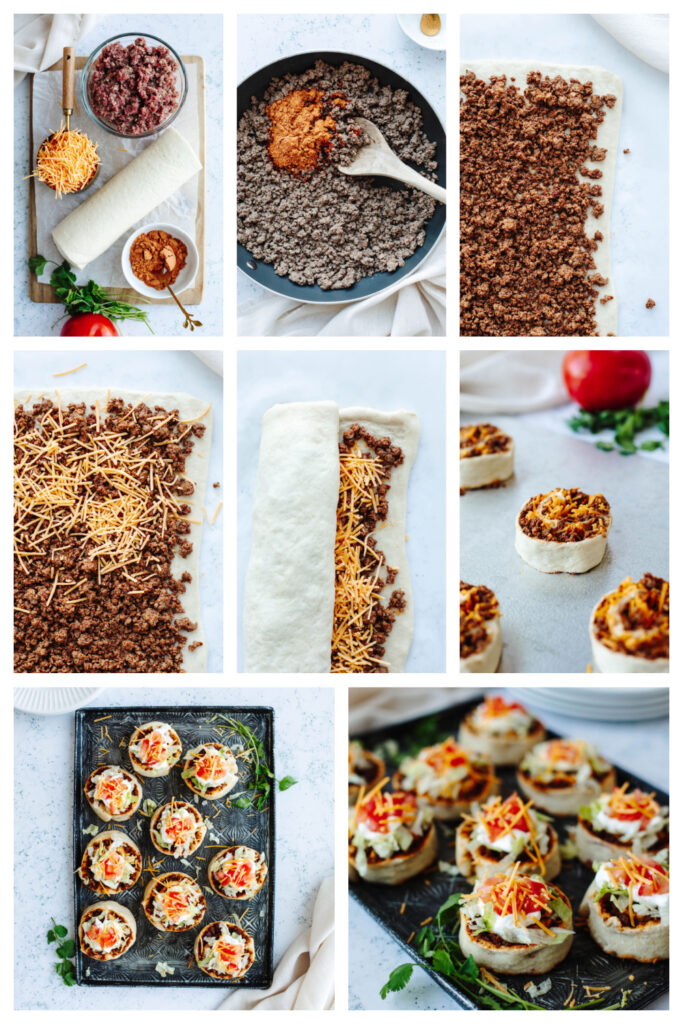 step by step on how to make Taco Pinwheels with your favorite toppings.