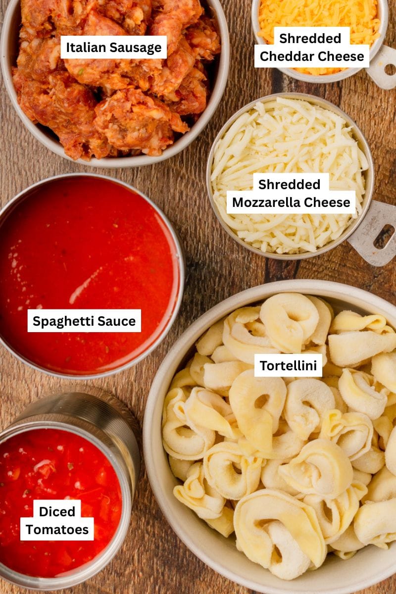 all the ingredients needed to make Cheesy Crockpot Tortellini.