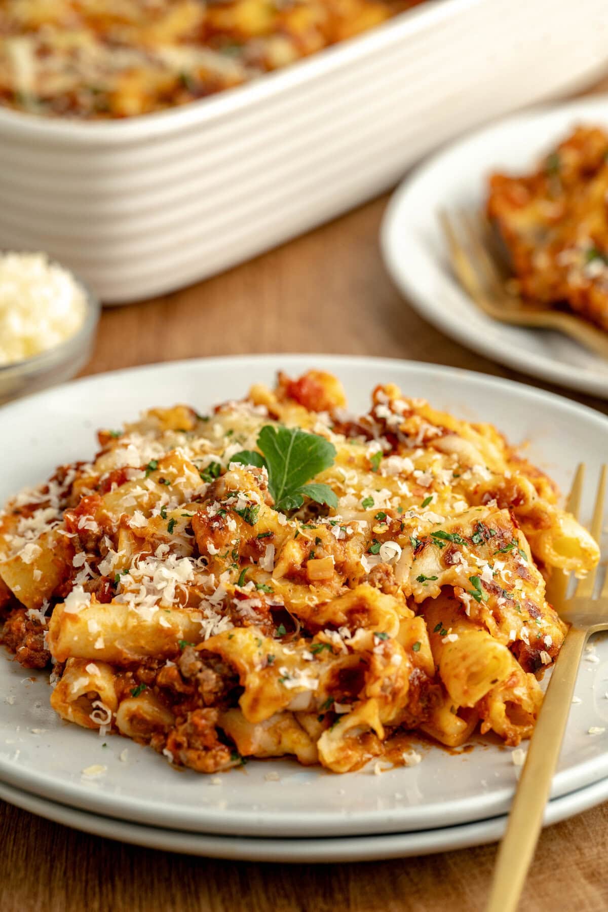 a serving of baked pasta on a serving dish.