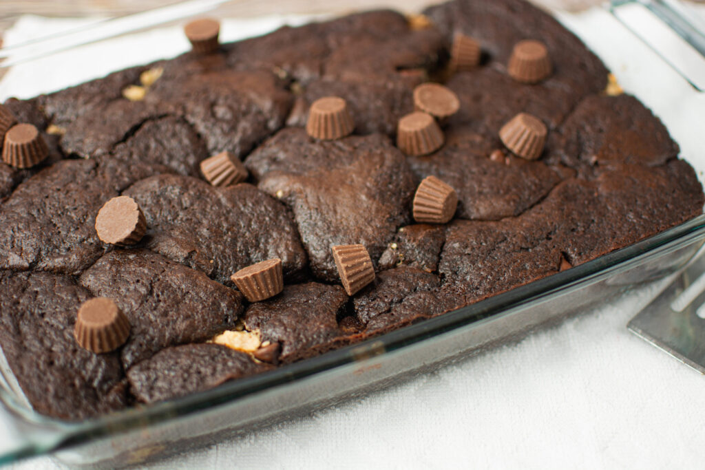 a chocolate cake in a glass pan with Reese's cups throughout.