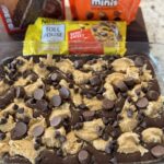 a chocolate peanut butter earthquake cake ready to bake in the oven.