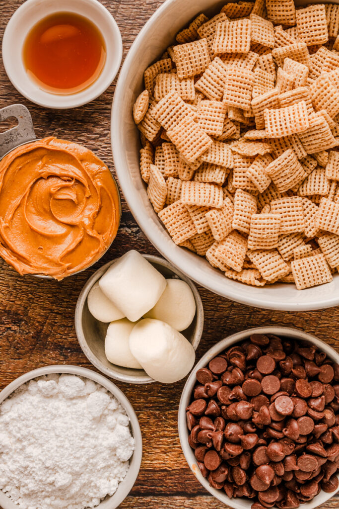 all the ingredients needed to make classic muddy buddy bars.