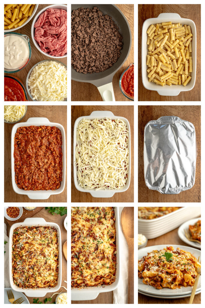 step by step on how to make creamy baked ziti.
