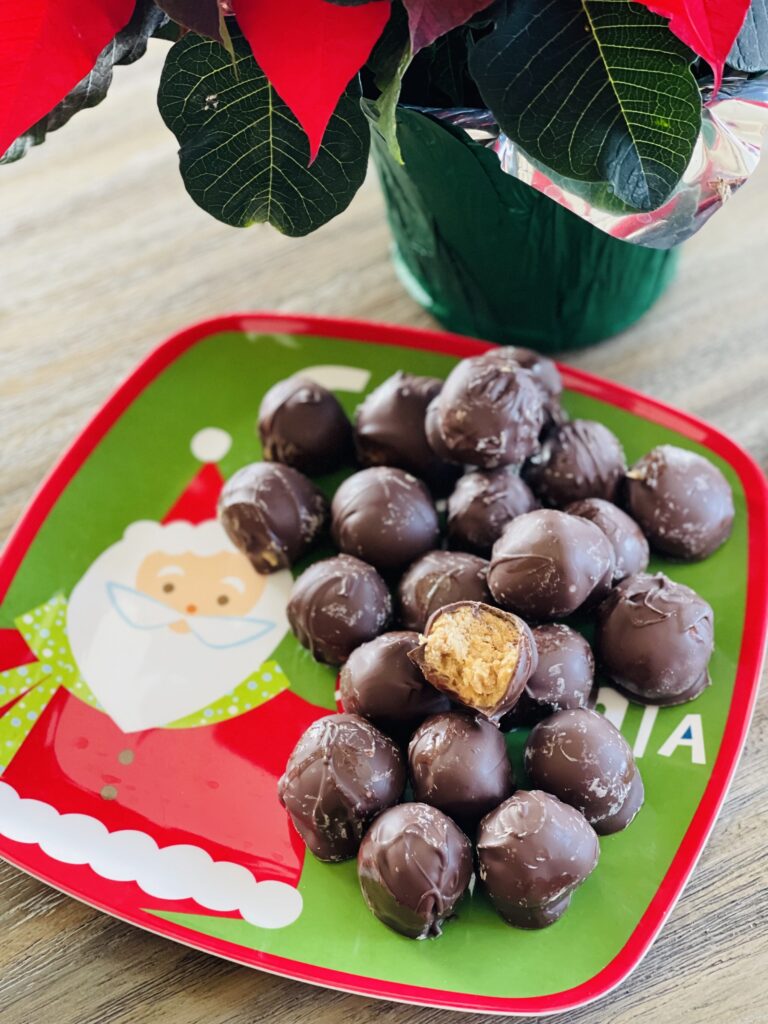 chunky peanut butter balls rolled in almond bark