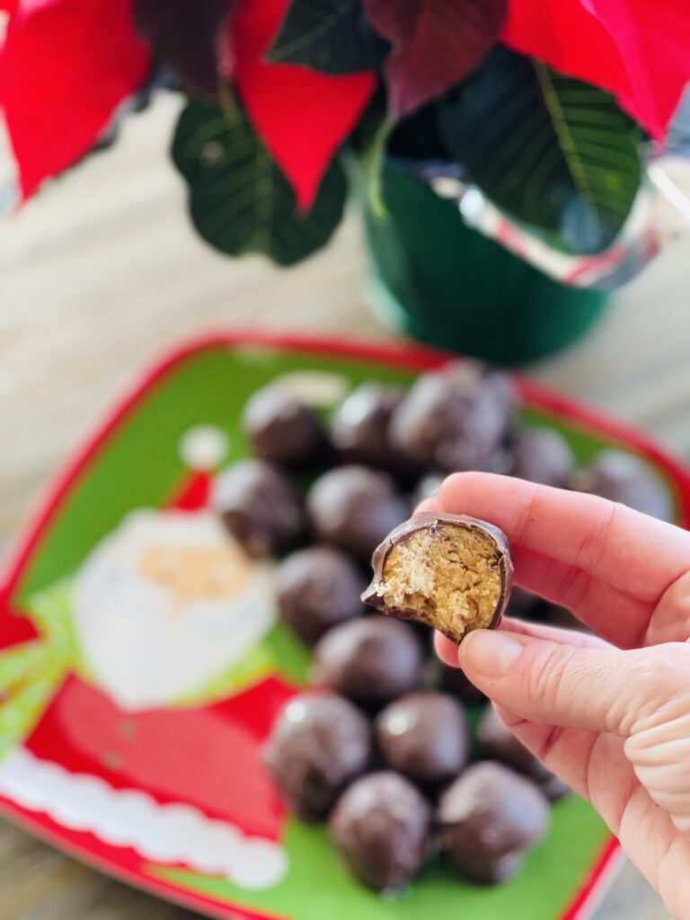 chocolate peanut butter balls with a crunchy center