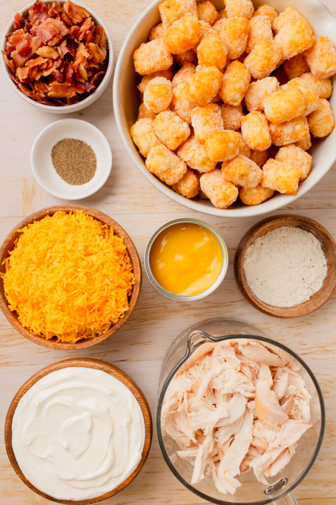 all the ingredients needed to make Chicken Tater Tot Casserole.