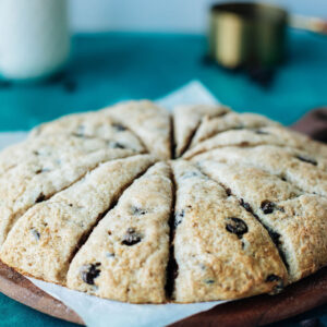 fluffy chocolate chip scones baked and sliced.
