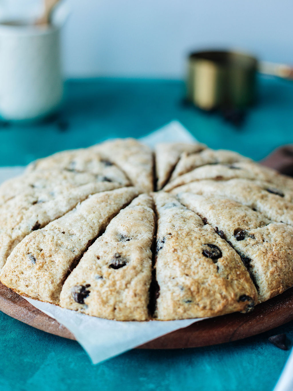 a batch of chocolate chip scones sliced and ready to serve.