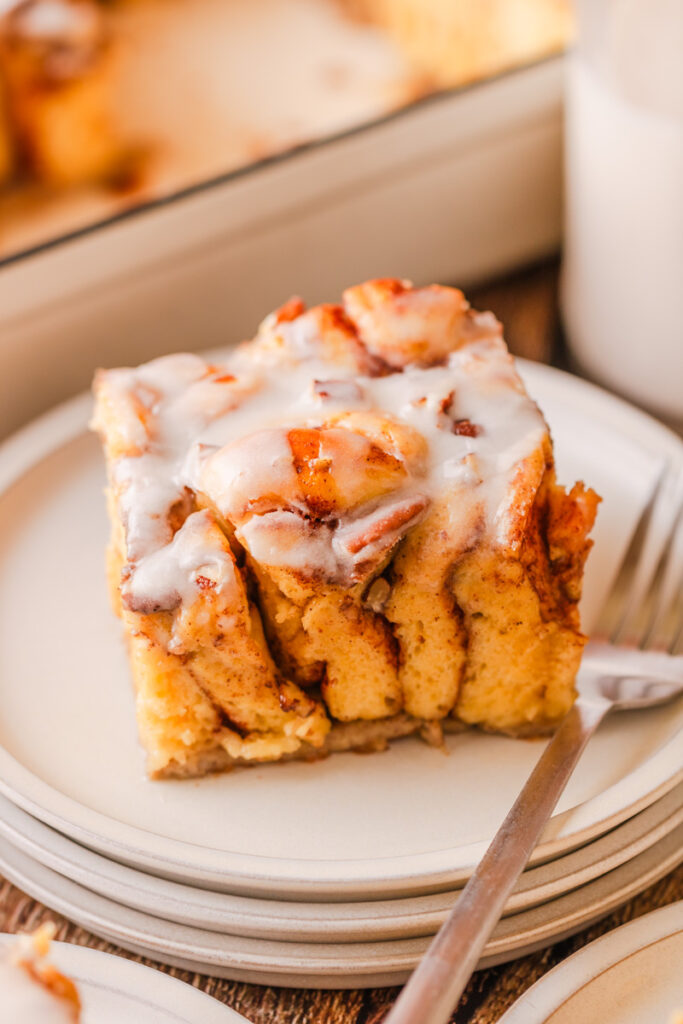 an up close look at a cinnamon bake made with pre packaged cinnamon roll pieces