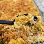 tender pasta with chicken, bacon, and vegetables combines into an easy casserole