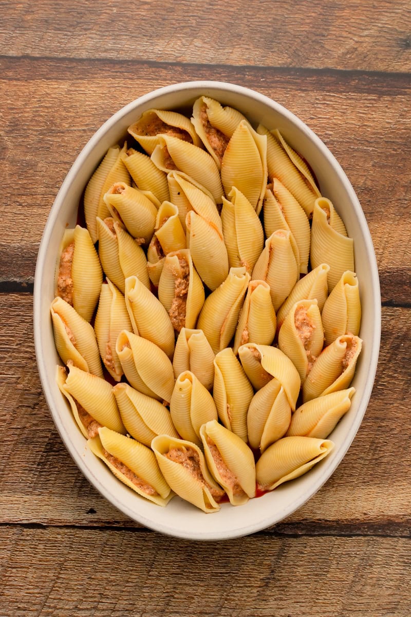 meat mixture stuffed into cooked jumbo pasta shells.