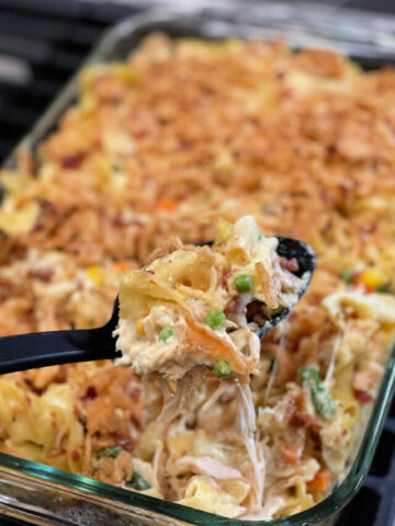 creamy casserole loaded with chicken, cheese, pasta, and bacon