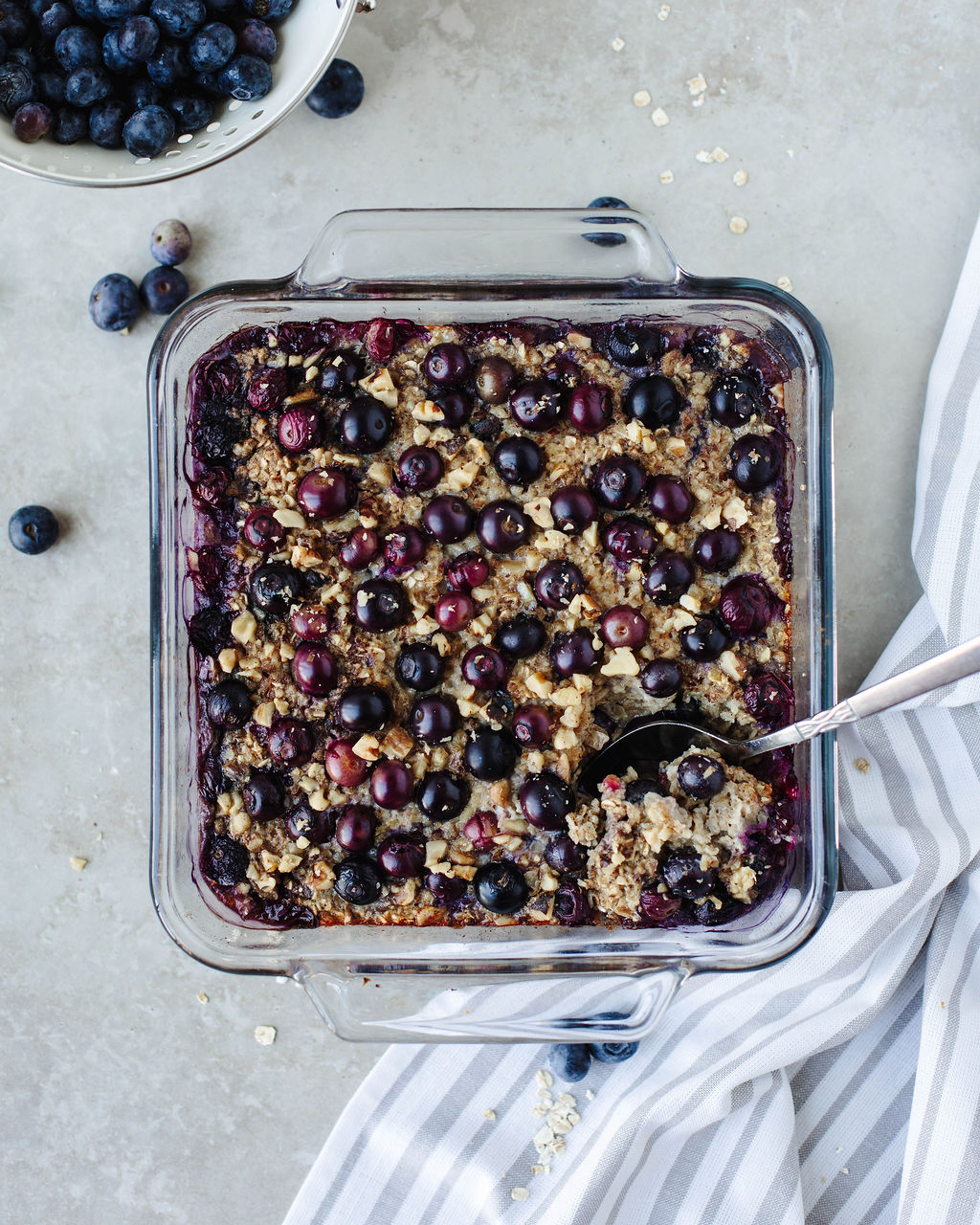 blueberry banana baked oatmeal ready to serve.